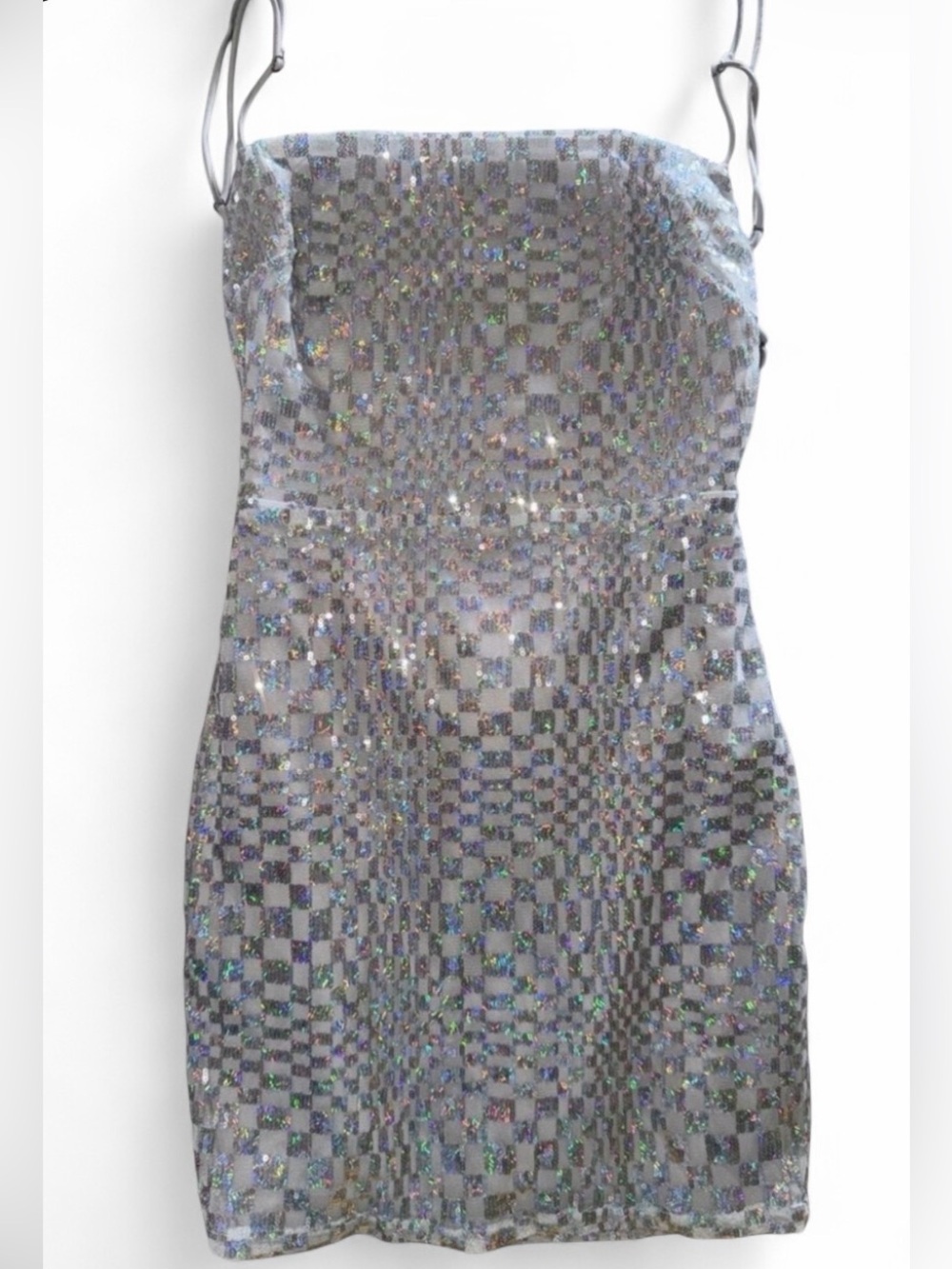 Lucy in the Sky Silver Holographic Checkered Sequin Mini Dress